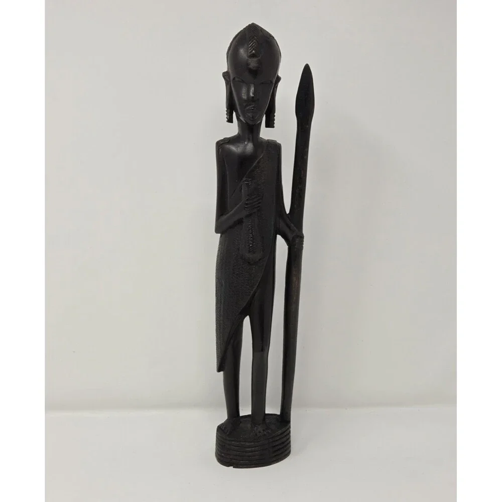 Vintage Hand Carved African Warrior Statue Figure w/ Spear‎ Wood Tribal Art 14